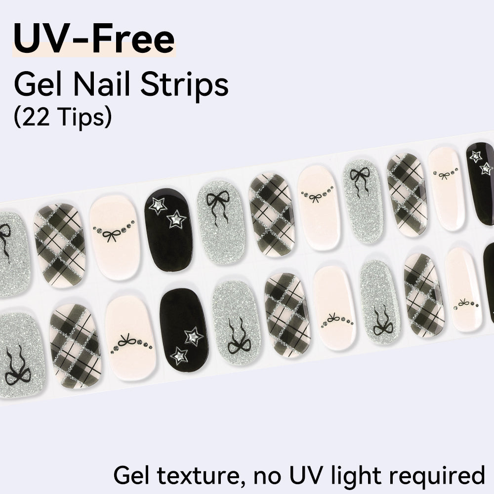 Autumn Checkered & Coquette Aesthetic - UV FREE Gel Nail Strips 22 Tips - No-Lamp Required