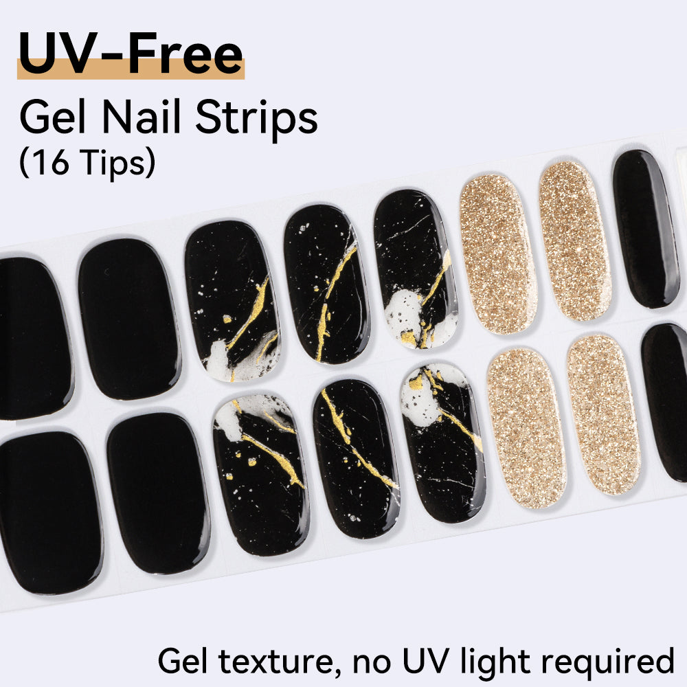 Gilded Onyx UV-Free Gel Nail Strips – 16 Strips