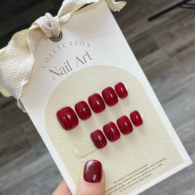Short Square & Round Handmade Press On Nails Detachable False Nails-Red Colour