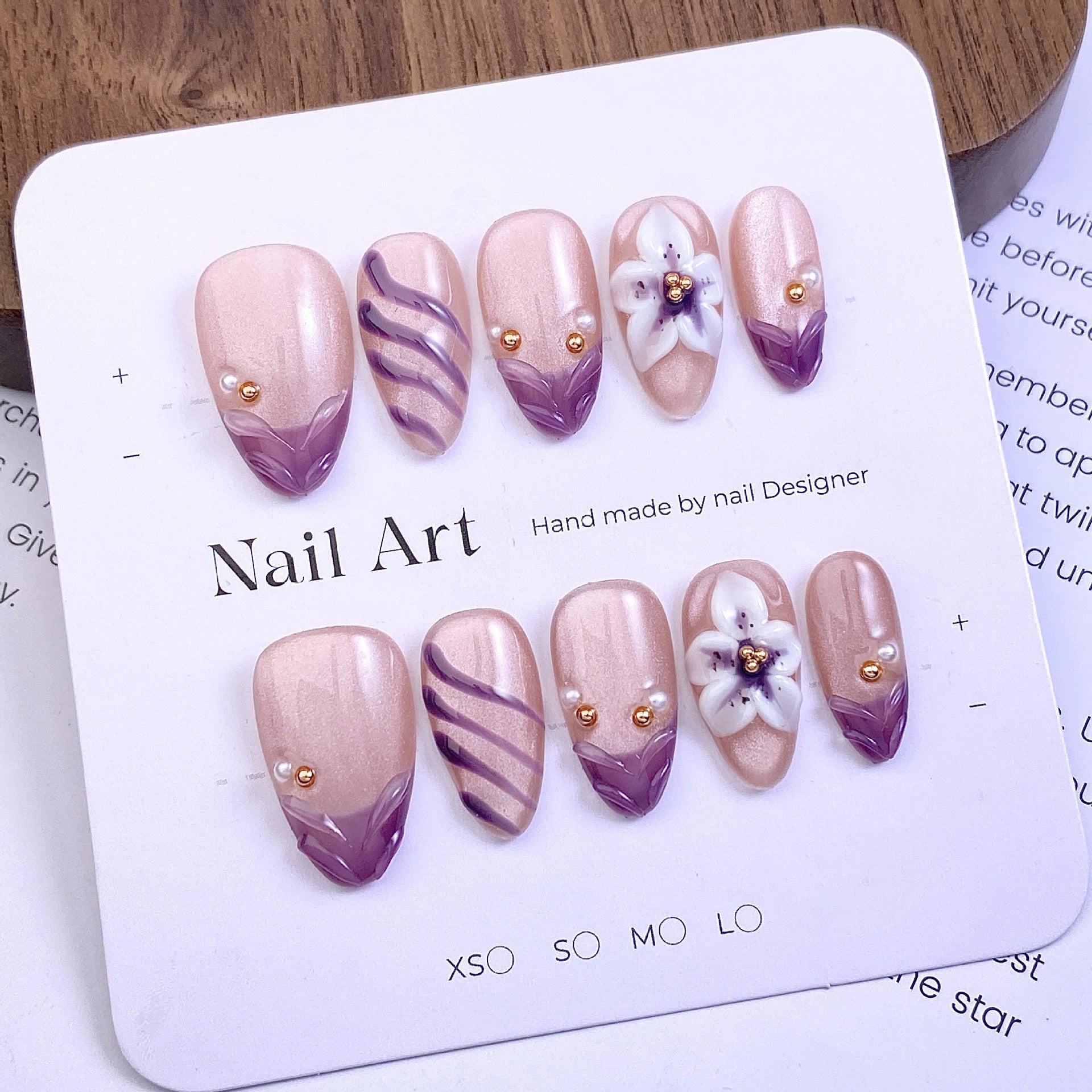 Handcrafted 3D Floral & Cat-Eye Press-On Nails | Short Almond Reusable Fake Nails