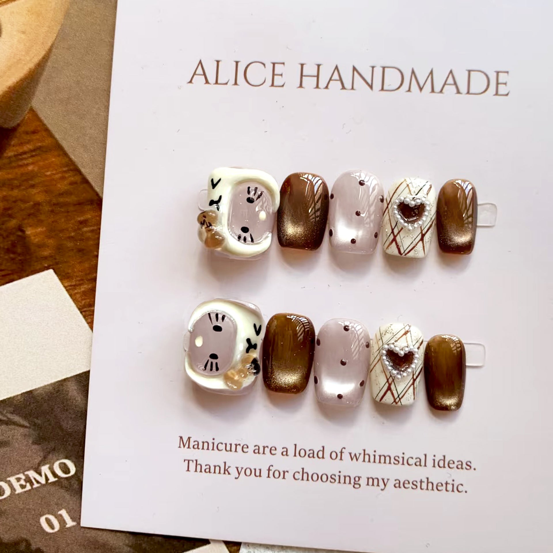 Handmade Short Square Press-On Nails | Cat-Eye, Floral & Gold Accent Reusable Fake Nails