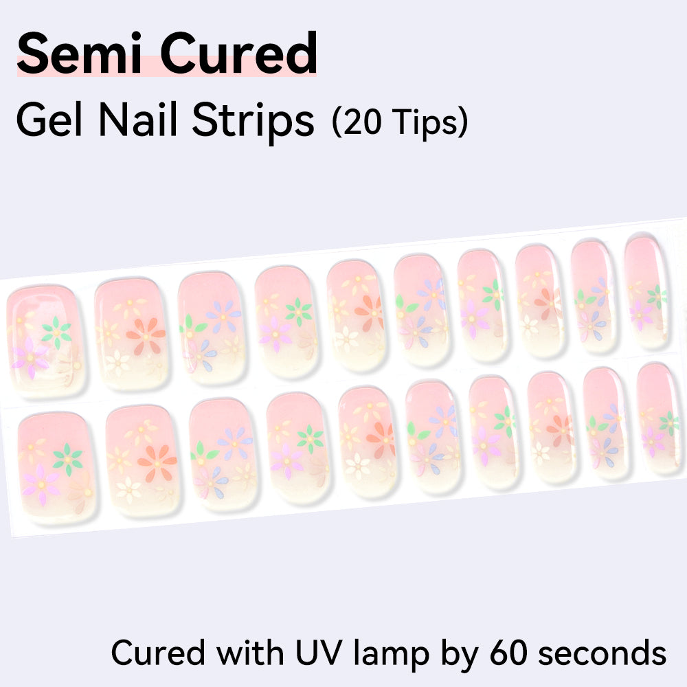 Floral Ombre & Artisan Flower Collection-Semi-cured Gel Nail Strips 20 Tips | Requires UV Lamp