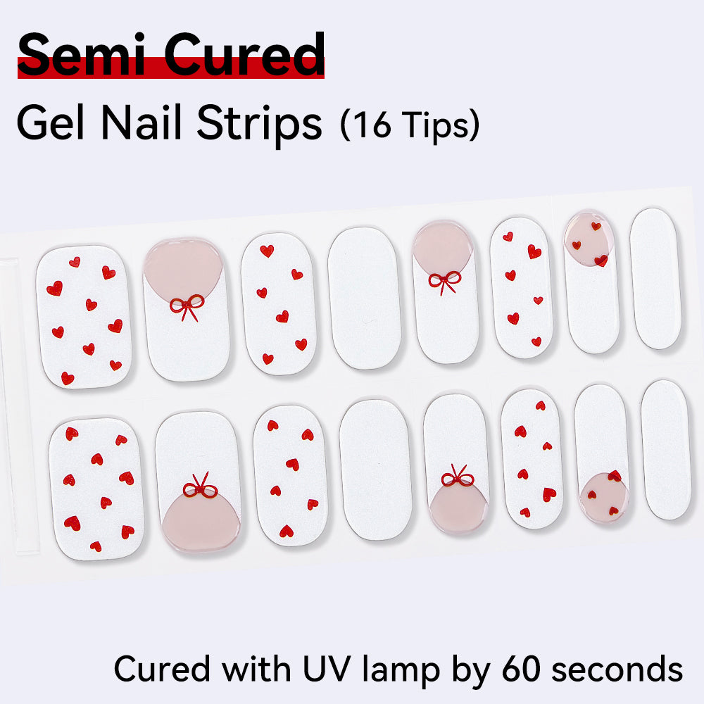 Sweetheart Ribbon Semi-Cured Gel Nail Strips – 16 Strips | UV/LED Lamp Required