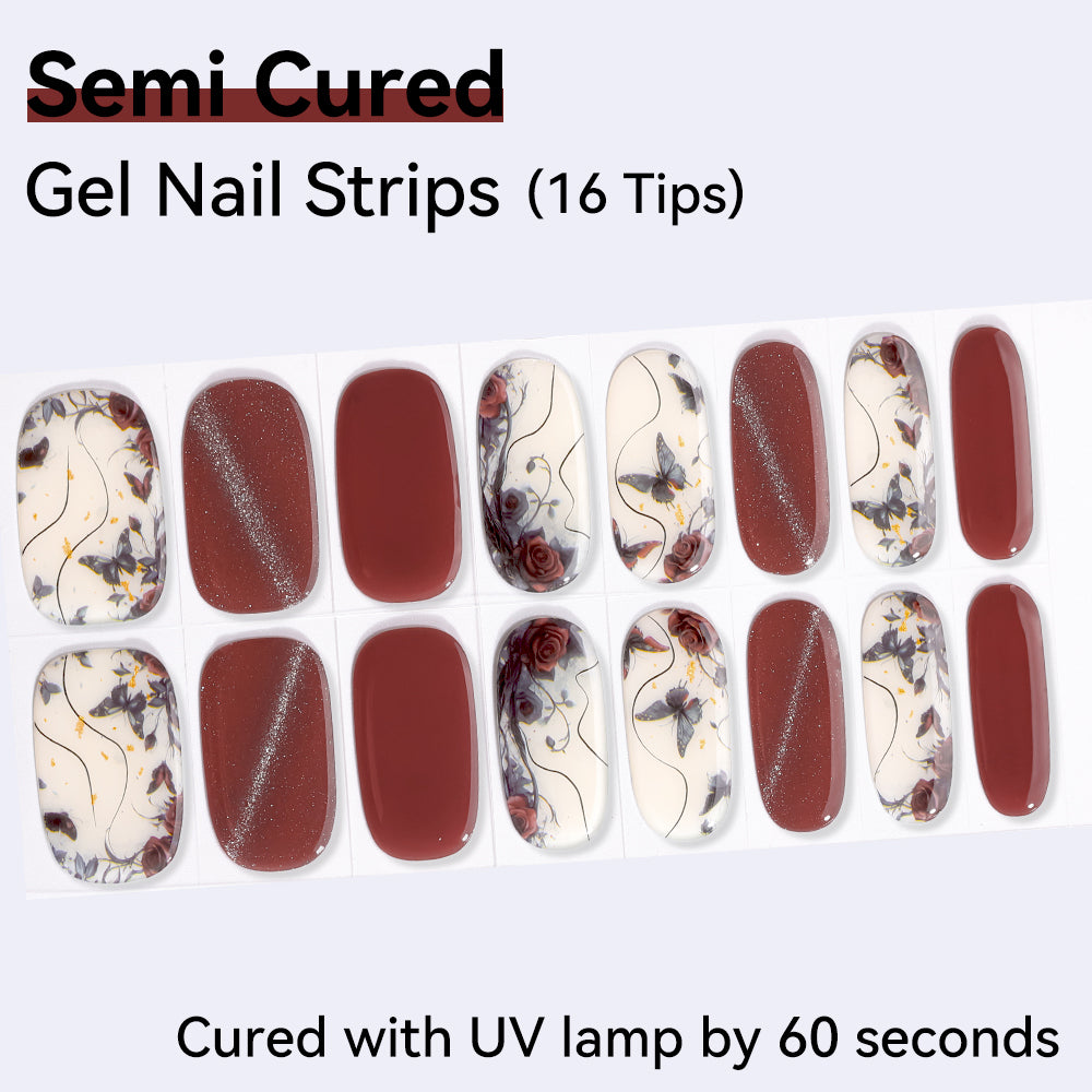 Vintage Rose Garden Semi-Cured Gel Nail Strips – 16 Strips | UV/LED Lamp Required