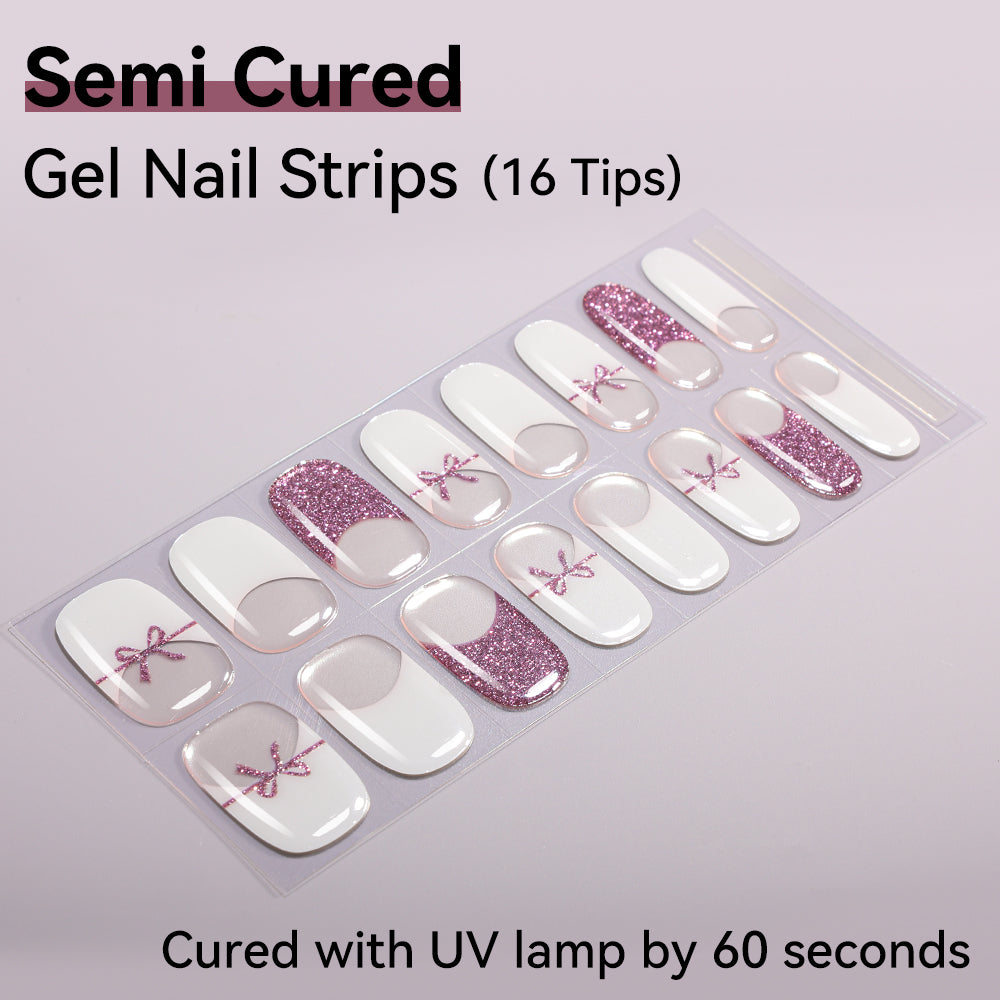 Rosy Ribbon Semi-Cured Gel Nail Strips – 16 Strips | UV/LED Lamp Required