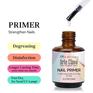 Close-up of clear liquid nail primer and brush, showcasing the acid-free, air-dry formula