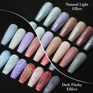 Comparison of reflective glitter nails under natural light vs camera flash