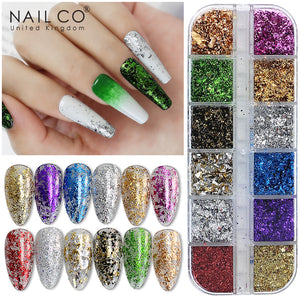 NAILCO Nail Glitter Gold Foils Irregular Aluminum Snowflakes Maple Leaves Thin Paillette Butterfly Nail Art Chrome Pigment DIY Decoration