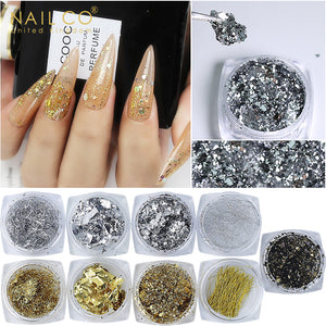 NAILCO Nail Glitter Gold Foils Irregular Aluminum Snowflakes Maple Leaves Thin Paillette Butterfly Nail Art Chrome Pigment DIY Decoration