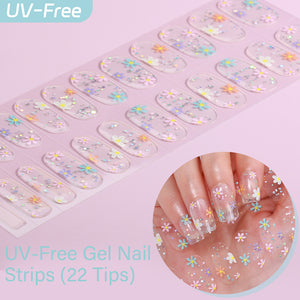 UV FREE gel nail strips-Playful Pastel Daisy collection on a clear base with holographic glitter