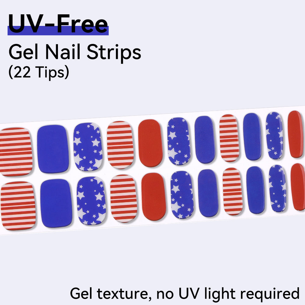 American Flag Style - UV FREE Gel Nail Strips 22 Tips - No-Lamp Required