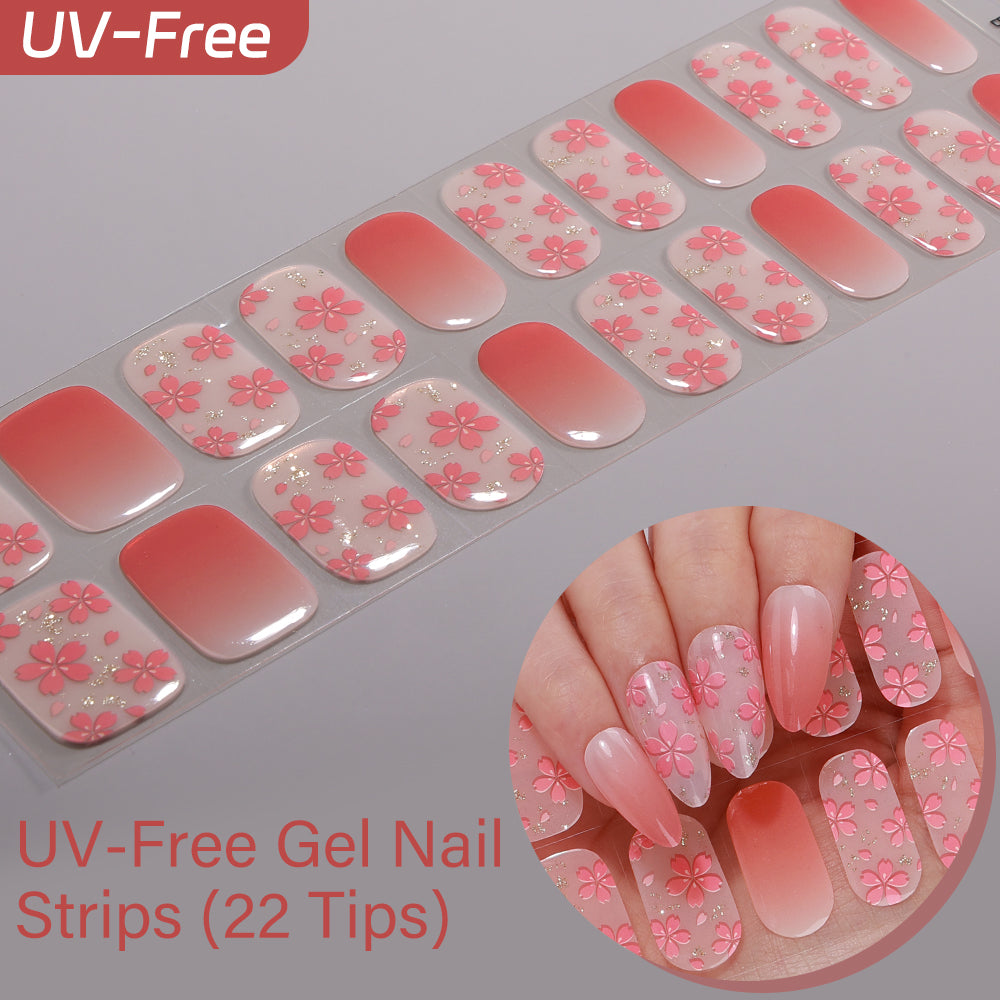 UV FREE gel nail strips-Vibrant Cherry Blossom Pink gradient with romantic floral patterns