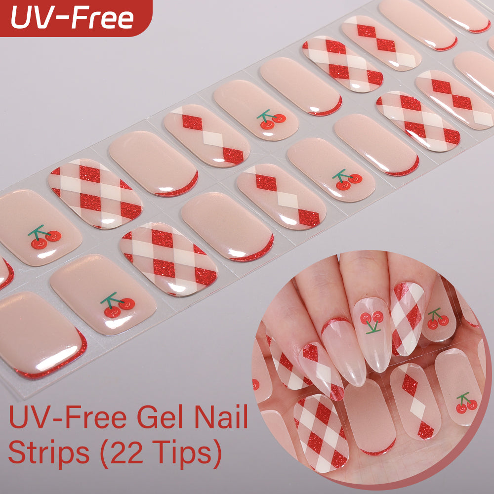 A soft blush base featuring playful red cherries and classic red/white argyle patterns