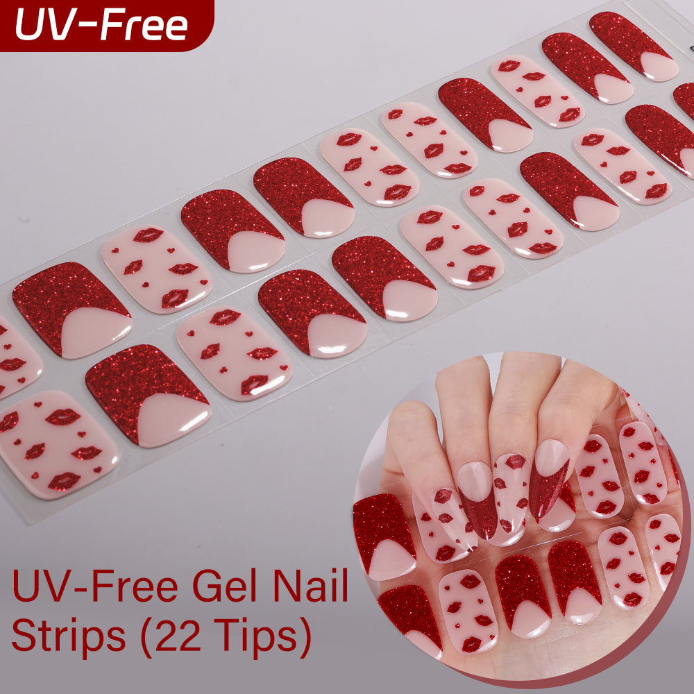 A dazzling combination of ruby red glitter and trendy "lip" prints for a statement finish