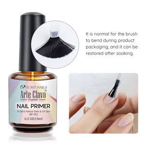Close-up of clear liquid nail primer and brush, showcasing the acid-free, air-dry formula