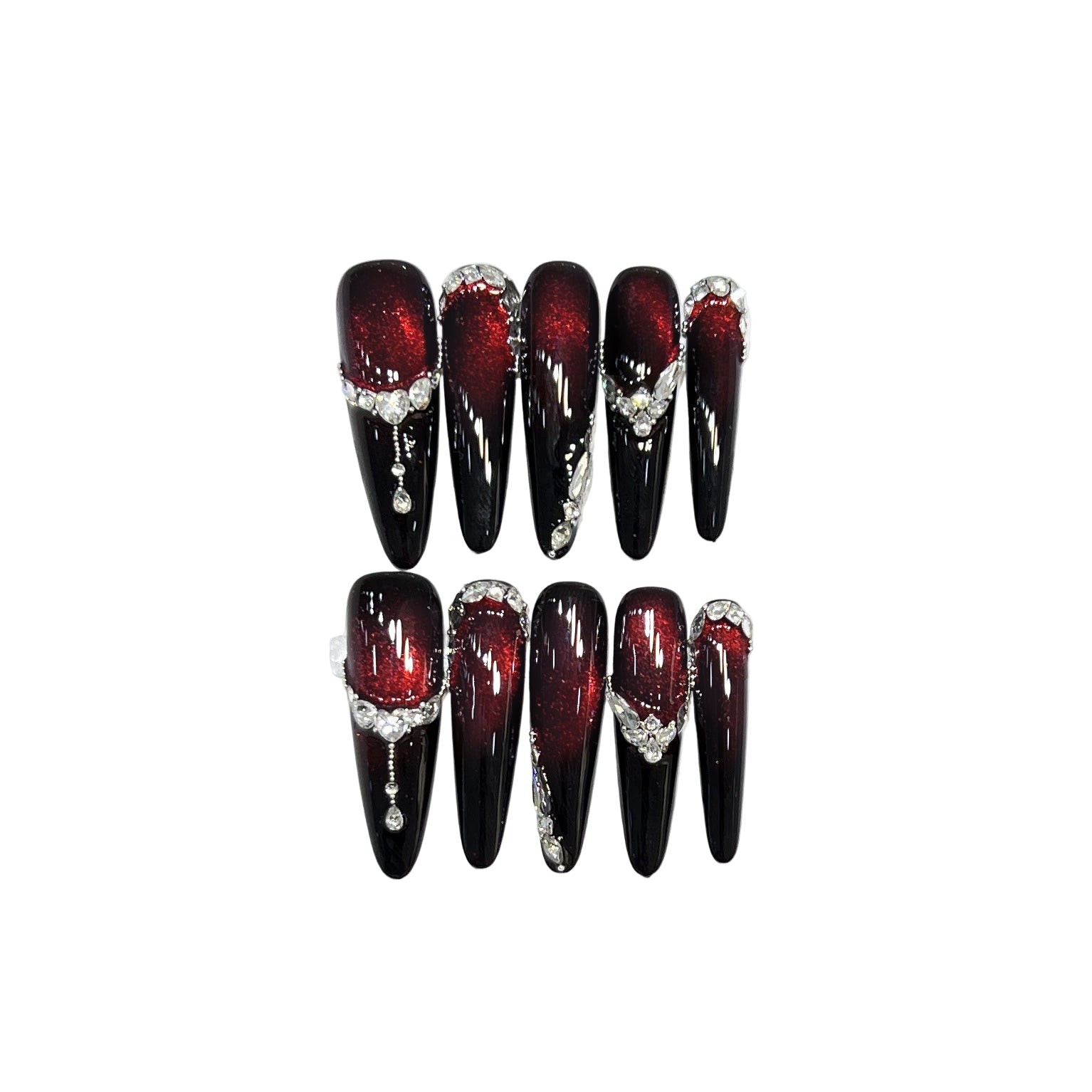 Long Slim Cat Magnetic Red Guava Brown Nude Aurora Handmade Press On Nails With Nail Gems Detachable False Nail