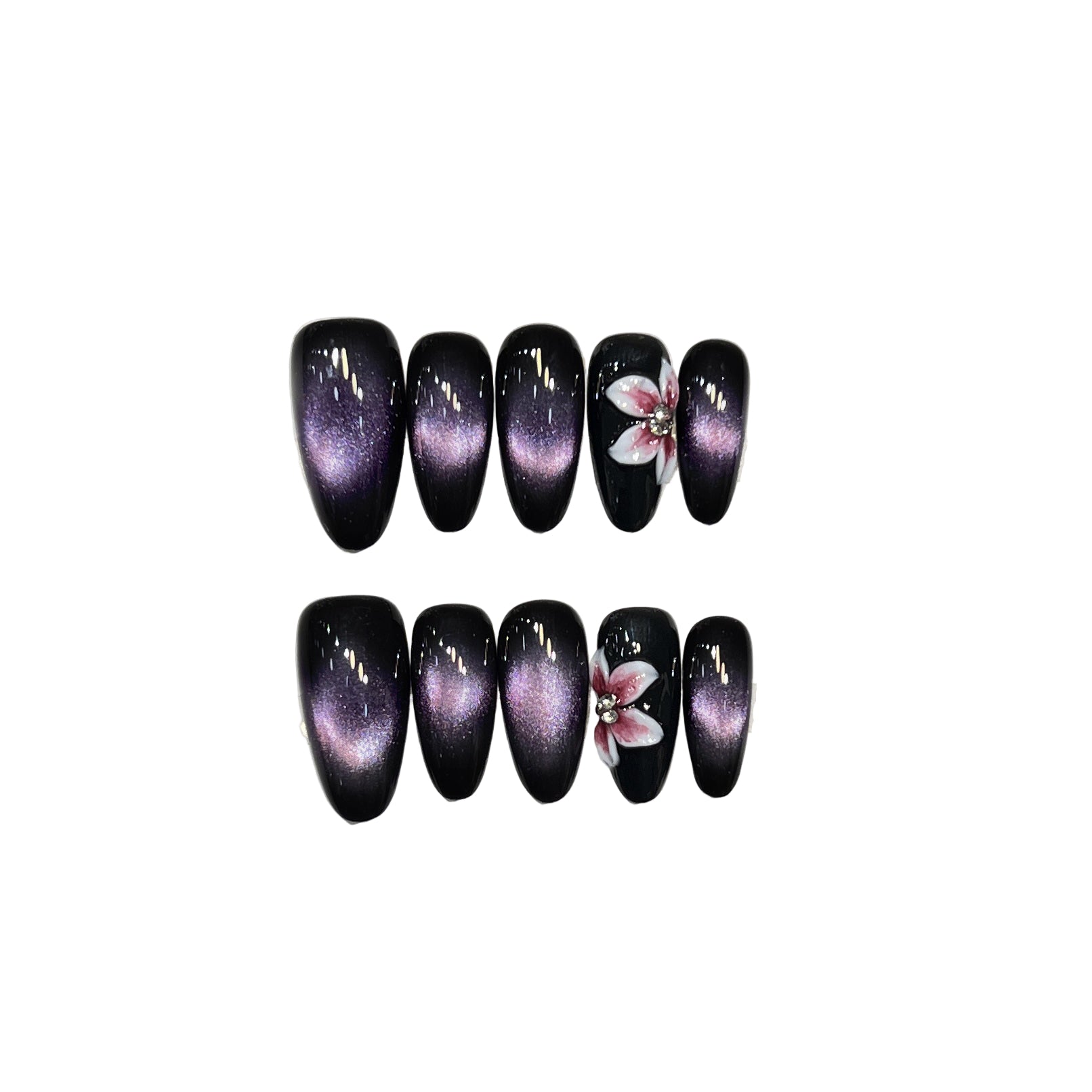 Gradient Black Purple Moonlight Cat Magnetic Tropical Flowers Handmade Press On Nails Medium Oval Full Cover False Nails