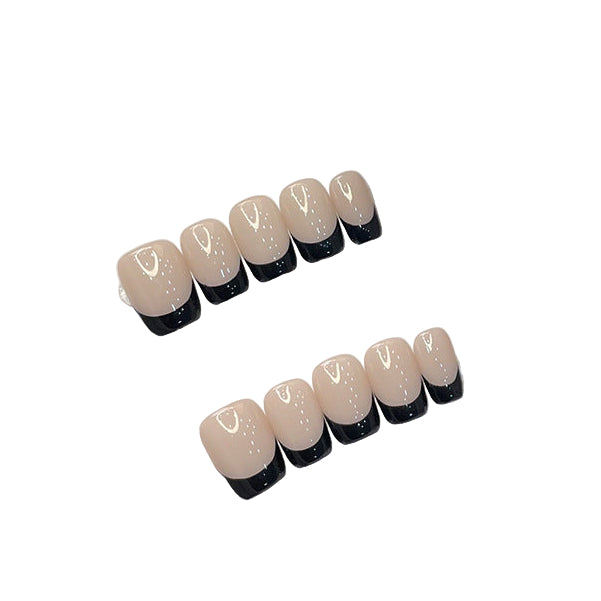 Black French Design Nude Color Handmade Press On Nails Medium Square Full Cover False Nails