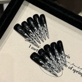 Gothic Noir 3D Stiletto Press-on Nails | Midnight Silver Forest & Black Gold Butterfly | Long Pointy Artisan Manicure