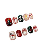 Christmas Tree Red Apple Snowman Cat Magnetic Cute Handmade Press On Nails Short Round Full Cover False Nails