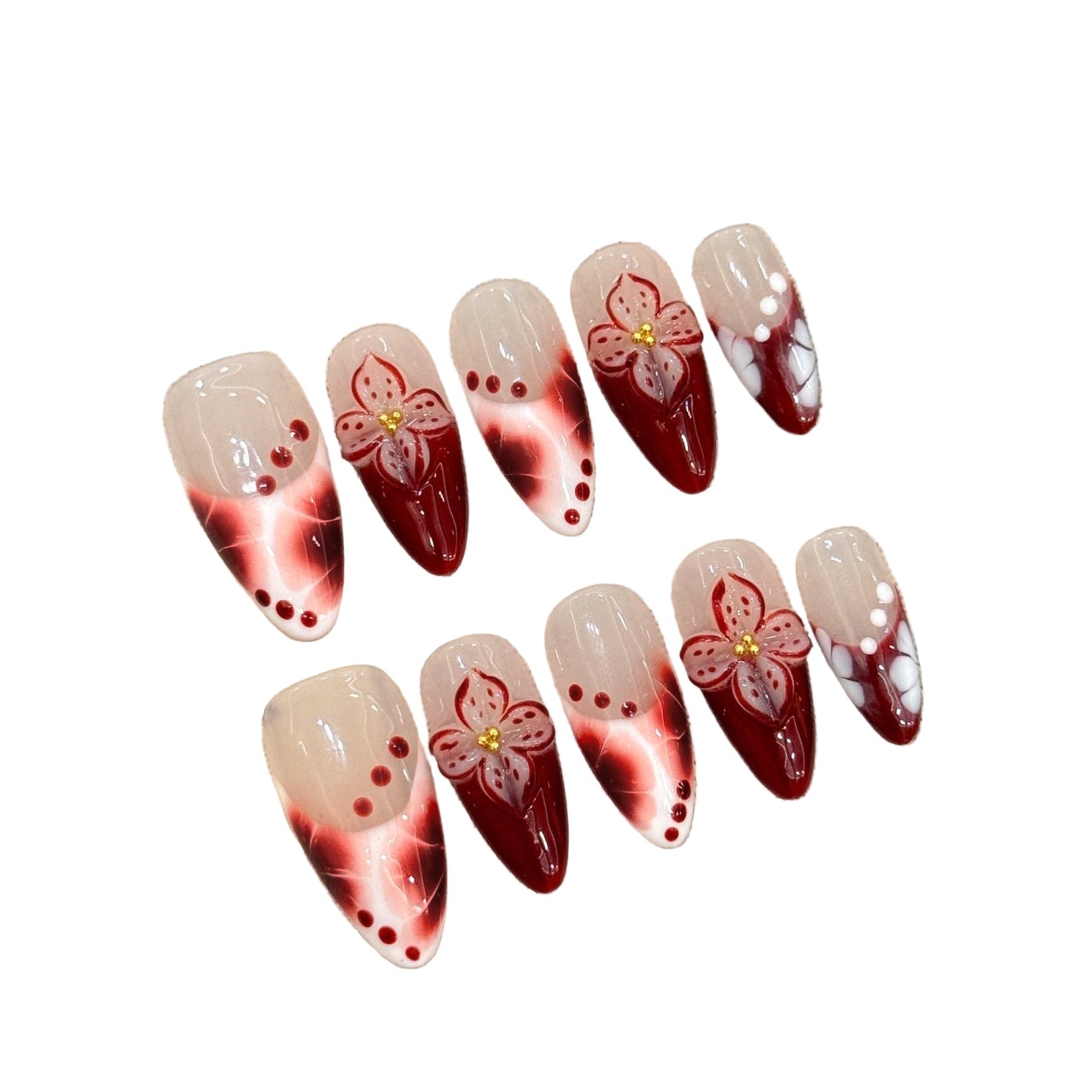White Red Black French Tropical Flowers Camellia Cat Magnetic Effect Handmade Press On Nails Almond Detachable False Nails