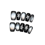 Black Moonlight Cat Magnetic Silver Star Handmade Press On Nails Short Coffin Full Cover Detachable False Nails