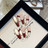 Long Slim Cat Magnetic Red Guava Brown Nude Aurora Handmade Press On Nails With Nail Gems Detachable False Nail