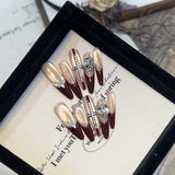 Long Slim Cat Magnetic Red Guava Brown Nude Aurora Handmade Press On Nails With Nail Gems Detachable False Nail