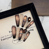Long Slim Cat Magnetic Red Guava Brown Nude Aurora Handmade Press On Nails With Nail Gems Detachable False Nail