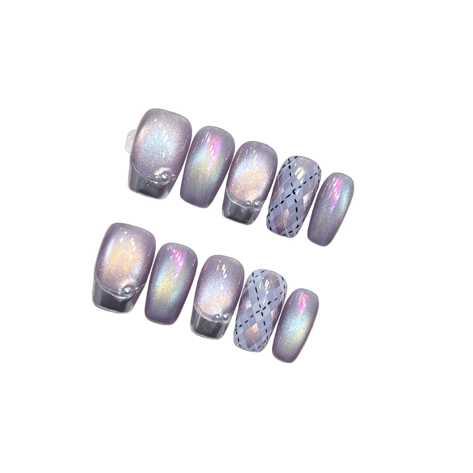 Silver French Lavender Color Moonlight Cat Magnetic Handmade Press On Nails Medium Square Full Cover False Nails