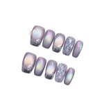 Silver French Lavender Color Moonlight Cat Magnetic Handmade Press On Nails Medium Square Full Cover False Nails