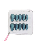 Short Almonds Press On Nails Black Silver Moonlight Cat Magnetic Detachable False Nails