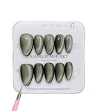 Short Almonds Press On Nails Black Silver Moonlight Cat Magnetic Detachable False Nails