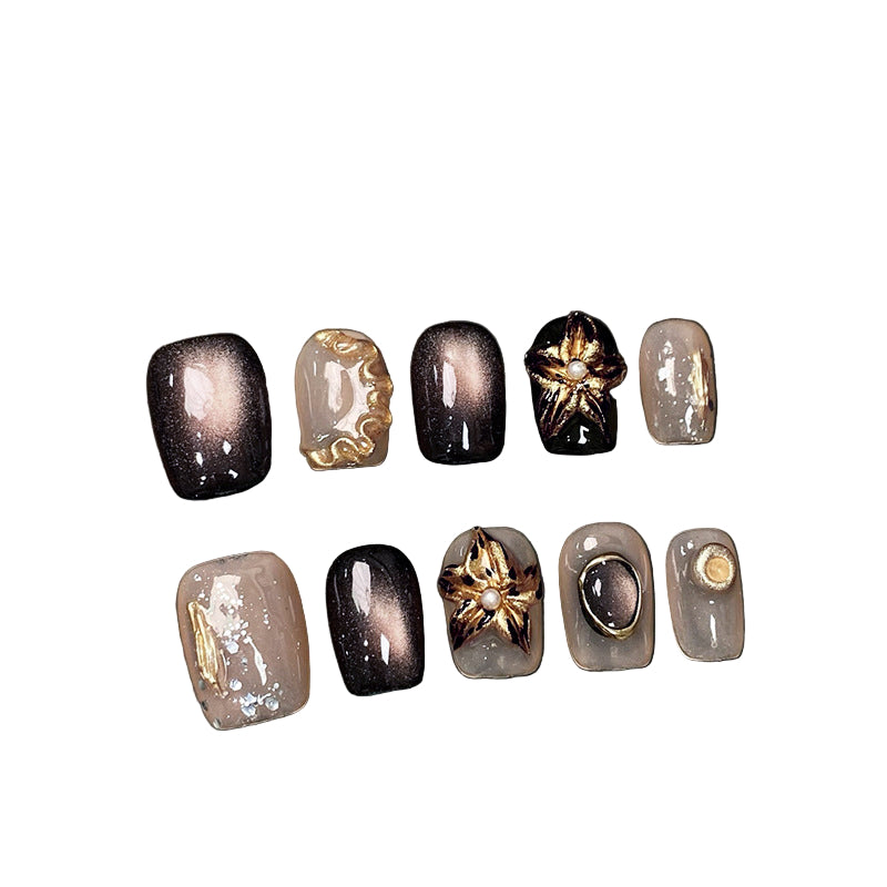 Vintage Moonlight Cat Eye Holographic Effect Handmade Press On Nails Short Coffin Detachable False Nails