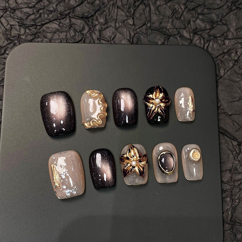 Vintage Moonlight Cat Eye Holographic Effect Handmade Press On Nails Short Coffin Detachable False Nails