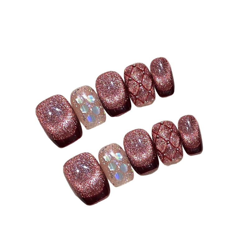 Ultra Short Coffin Handmade Press On Nails Detachable False Nails-New Year Red Series