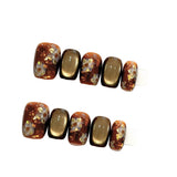 Autumn Brown Spotlight Cat Eye Effect Blossoming Flowers Handmade Press On Nails Short Square Detachable False Nails