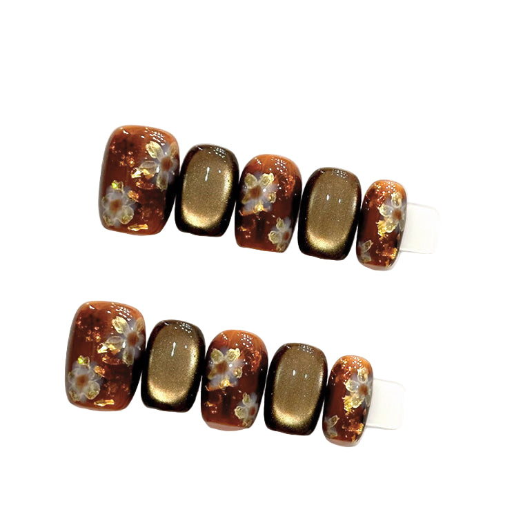 Autumn Brown Spotlight Cat Eye Effect Blossoming Flowers Handmade Press On Nails Short Square Detachable False Nails