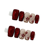 New Year Red Plum Embroidered Cat Eye Wearable Handmade Press On Nails Medium Square Detachable False Nails