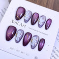 Elegant Almond Press-on Nails | Artisan Collection | Amber French, Gold Foil & Purple Cat-Eye Styles