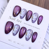 Elegant Almond Press-on Nails | Artisan Collection | Amber French, Gold Foil & Purple Cat-Eye Styles