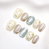Artisan 3D Floral Press-on Nails | Short Coffin (Ballerina) Shape | Chrome, Cat-Eye & Aurora Collection
