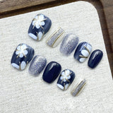 Artisan 3D Floral Press-on Nails | Short Coffin (Ballerina) Shape | Chrome, Cat-Eye & Aurora Collection