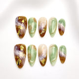 Elegant Almond Press-on Nails | Artisan Collection | Amber French, Gold Foil & Purple Cat-Eye Styles