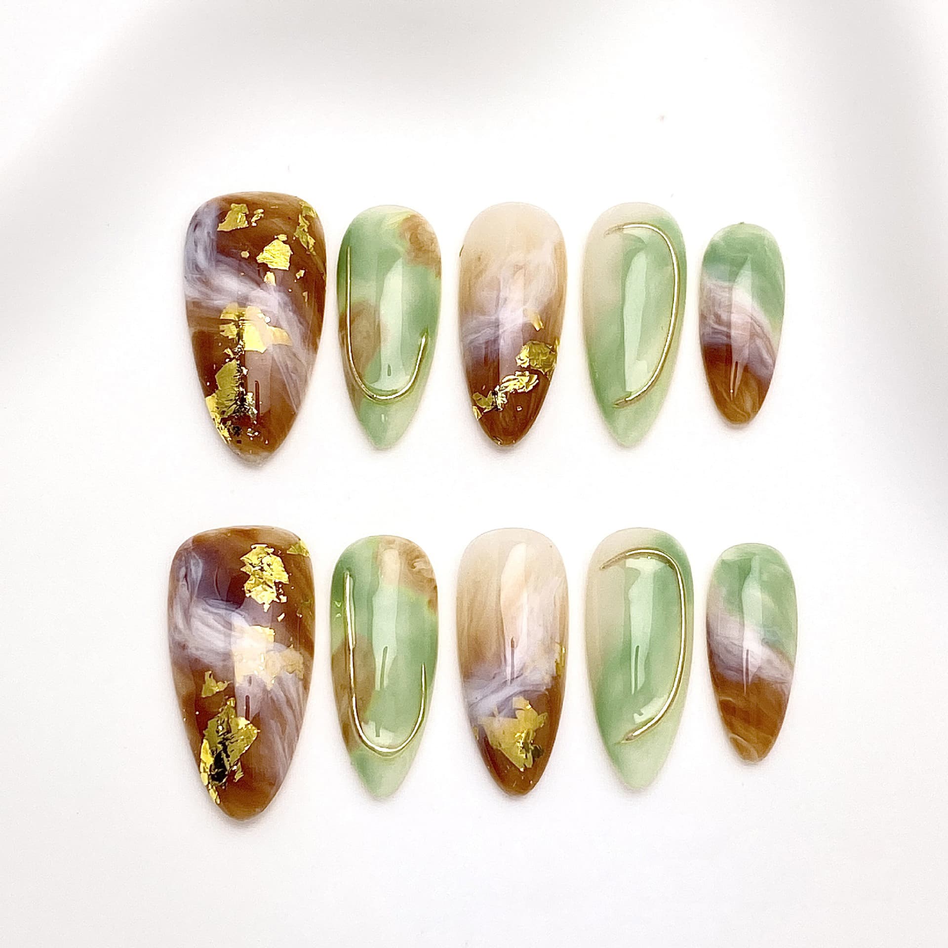 Elegant Almond Press-on Nails | Artisan Collection | Amber French, Gold Foil & Purple Cat-Eye Styles