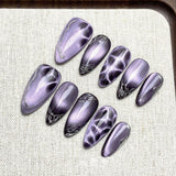 Elegant Almond Press-on Nails | Artisan Collection | Amber French, Gold Foil & Purple Cat-Eye Styles