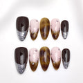 Elegant Almond Press-on Nails | Artisan Collection | Amber French, Gold Foil & Purple Cat-Eye Styles