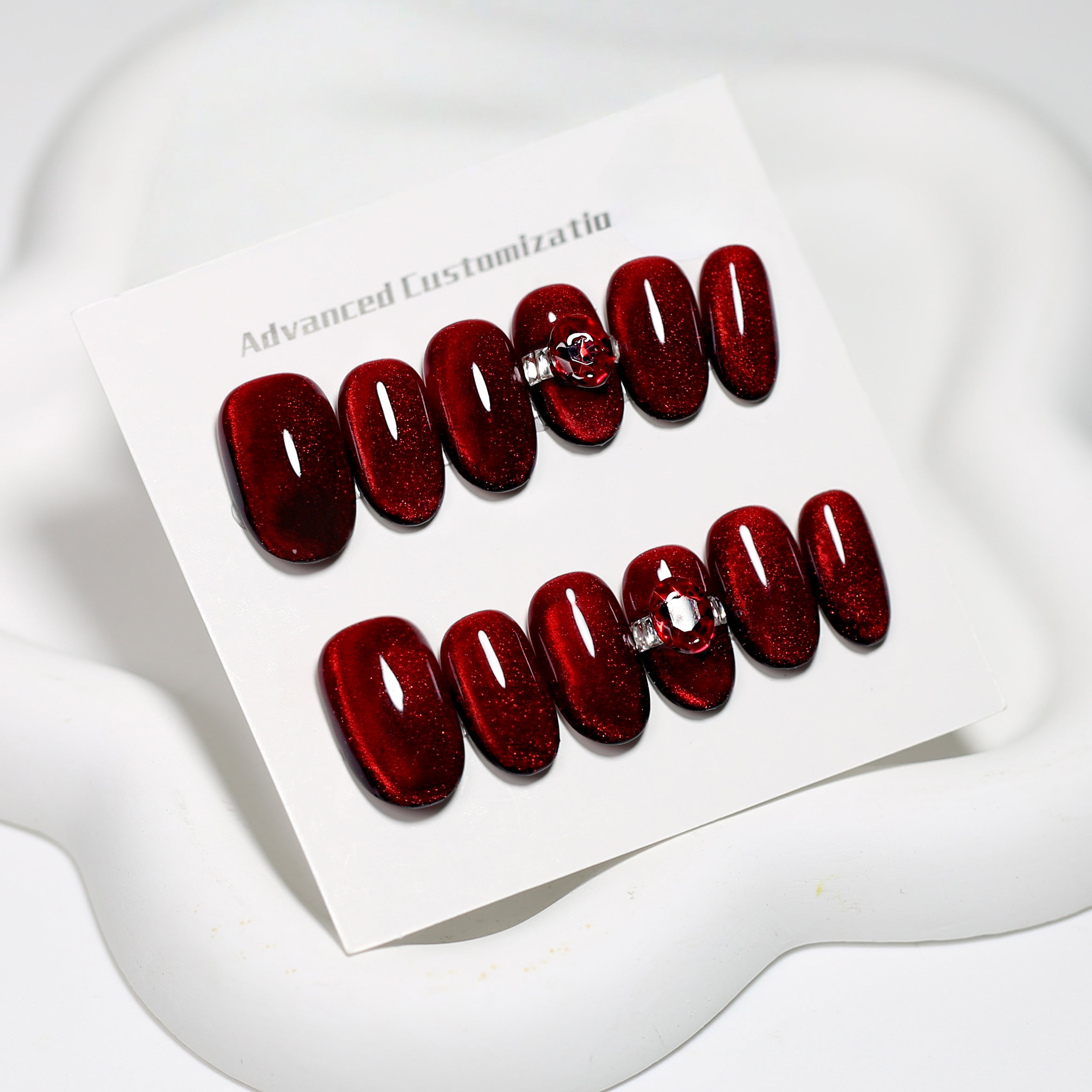 Bridal Red Moonlight Cat Eye Magnetic Short Oval Medium Coffin Tiny Round Ruby Handmade Press On Nails Detachable False Nail