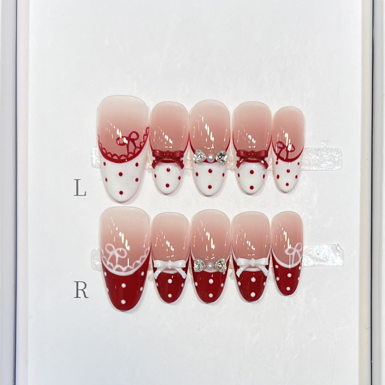 Lace Bowknot Medium Oval White & Red Polka dot French Handmade Press On Nails Detachable False Nails