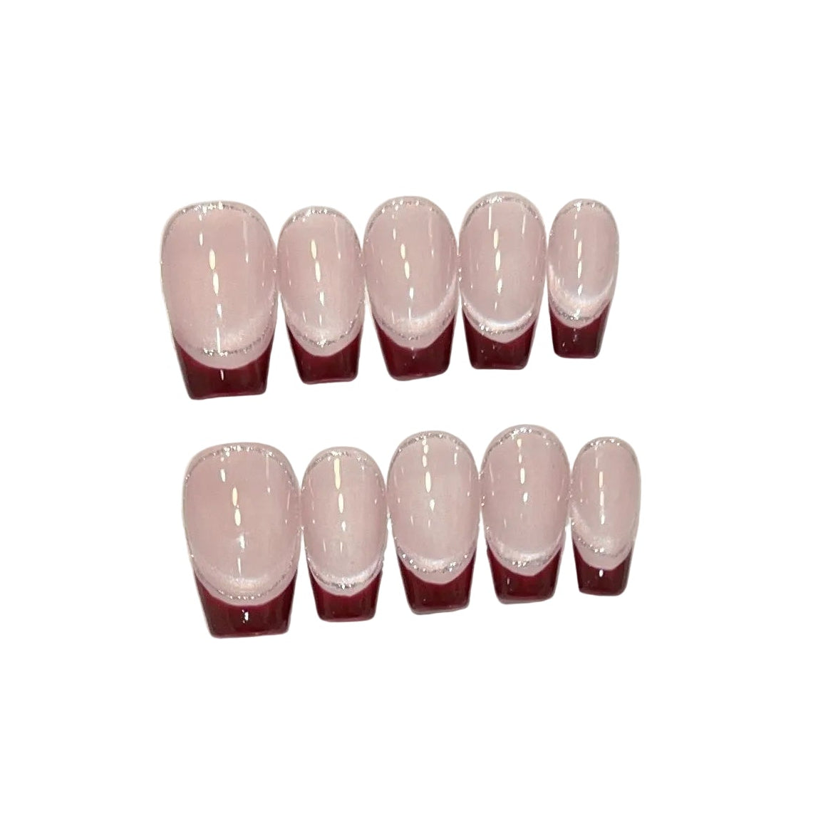 Red French Cat Eye Magnetic Silver Frame Handmade Press On Nails Short Coffin Full Cover Detachable False Nails